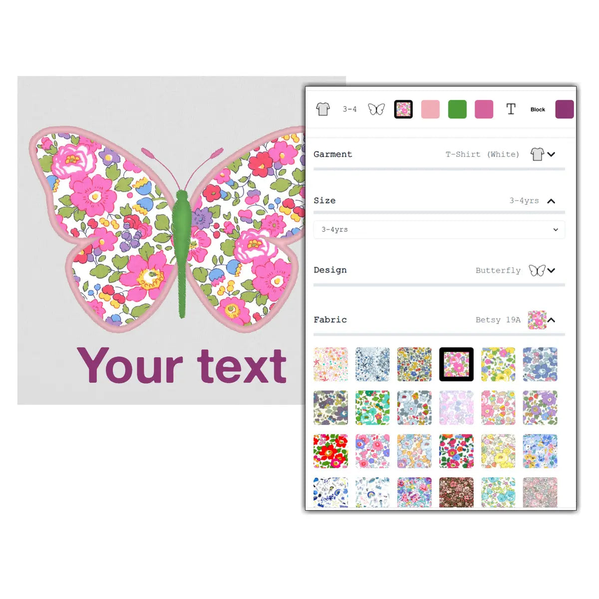 Screenshot of Embroiderize's live customiser showing colour and name options for personalised children’s shirts and sweatshirts